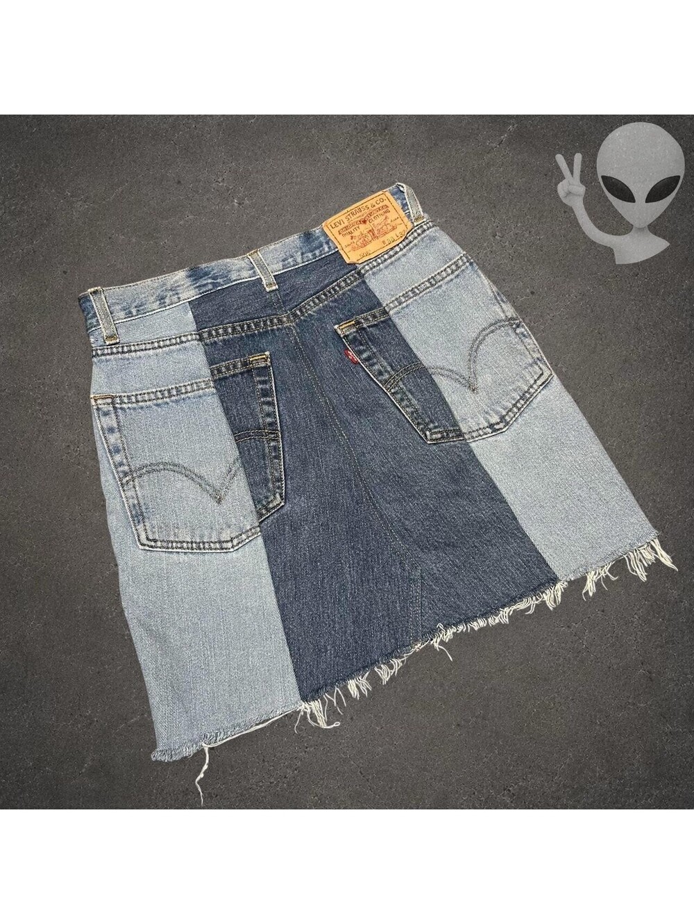 Levi's Upcycled Patchwork Denim Mini Skirt Womens Size 28 Reworked Raw Hem
